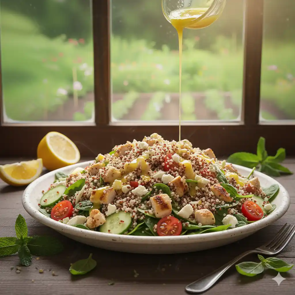 sałatka z komosą, kurczakiem i cytrynowym dressingiem