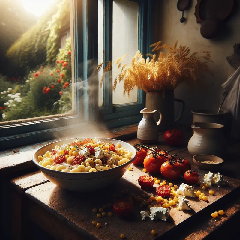 Historia kremowego makaronu z kaszą jaglaną, pieczonymi pomidorami i fetą