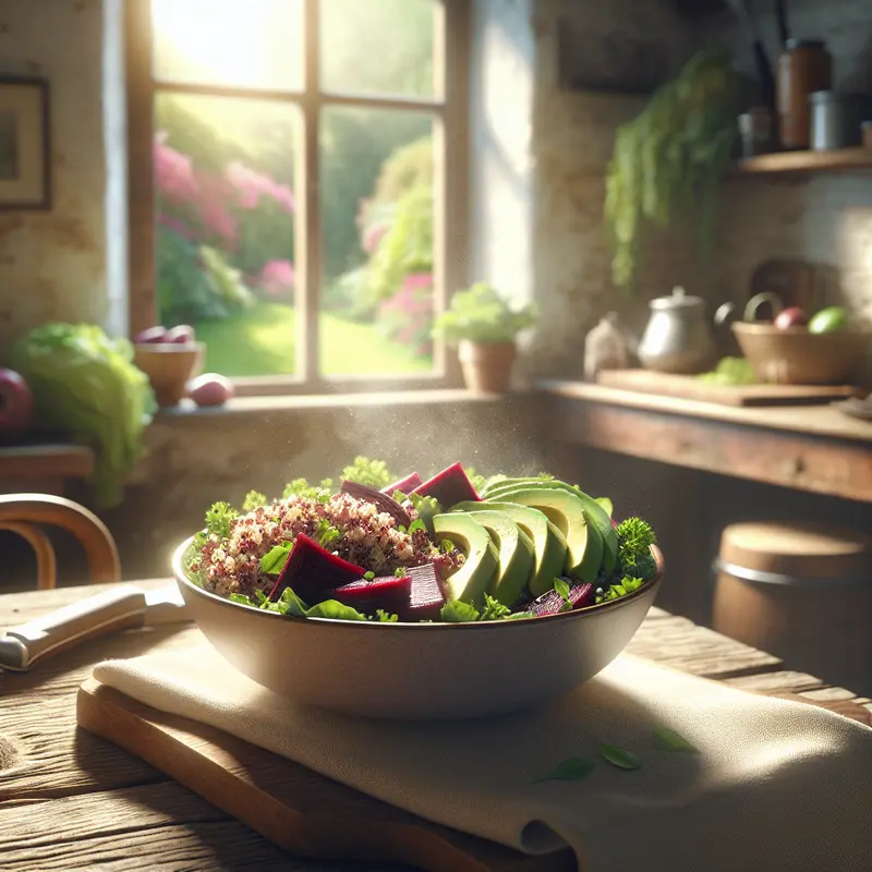 Historia lekkiej i sycącej sałatki: Komosa z pieczonymi burakami i kremowym awokado