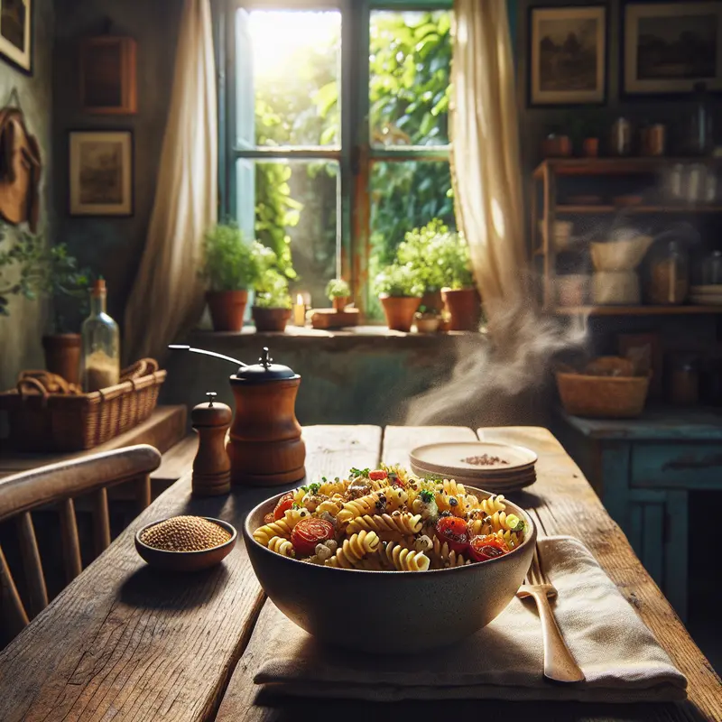 Historia makaronu i kaszy: fusilli z kaszą jaglaną, pieczonymi pomidorami i fetą – mój comfort w 30 minut