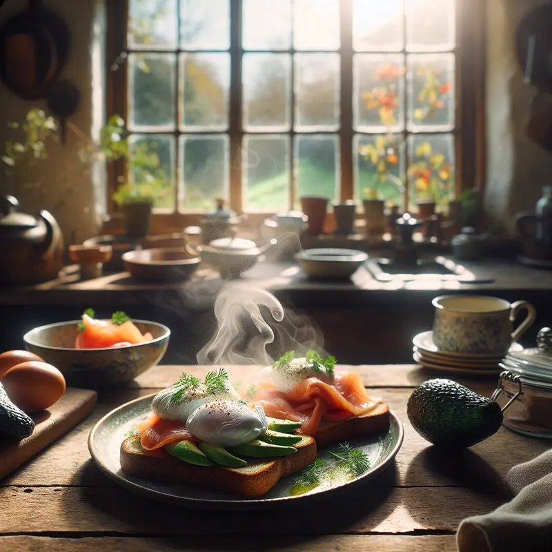 Historia śniadania na słono: jajka w koszulkach na grzance z awokado i wędzonym łososiem