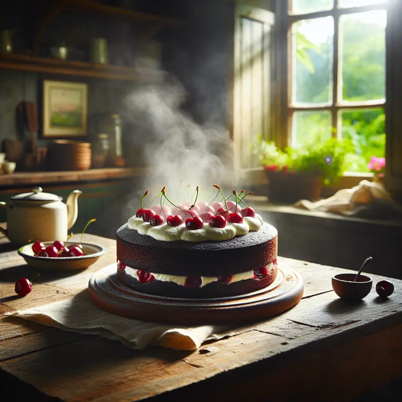 Historia wilgotnego tortu czekoladowego z kremem mascarpone i wiśniowym przełamaniem