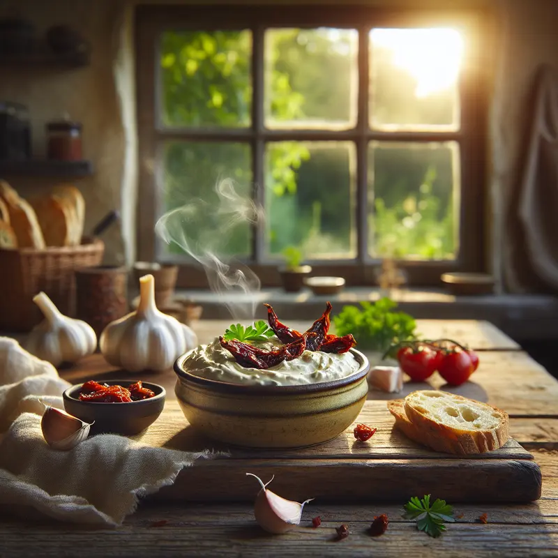 Historia dipu, który łączy przyjaciół – kremowy dip z pieczonego czosnku i suszonych pomidorów