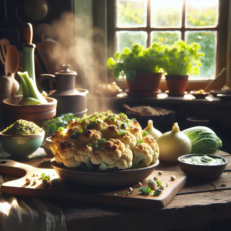 Historia kalafiora, który stał się gwiazdą stołu – pieczony kalafior z tahini i ziołową salsą