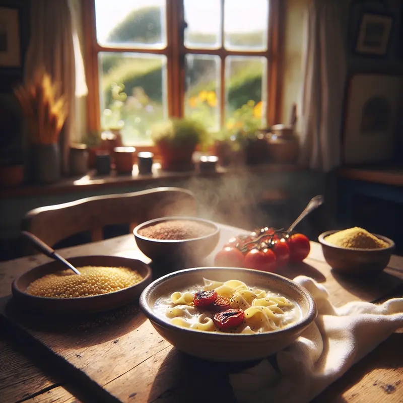 Historia kremowego makaronu z kaszą jaglaną i pieczonymi pomidorami – comfort food, które łączy dwa światy