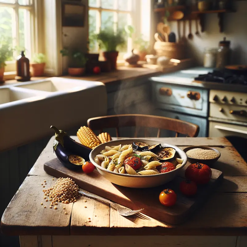 Historia kremowego makaronu z kaszą jaglaną, pieczonym bakłażanem i pomidorami – comfort food na wieczór z przyjaciółmi
