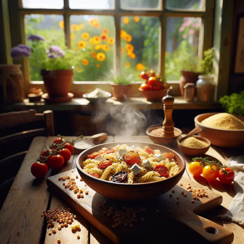 Historia kremowego makaronu z kaszą jaglaną, pieczonymi pomidorami i fetą – comfort z nutą lata