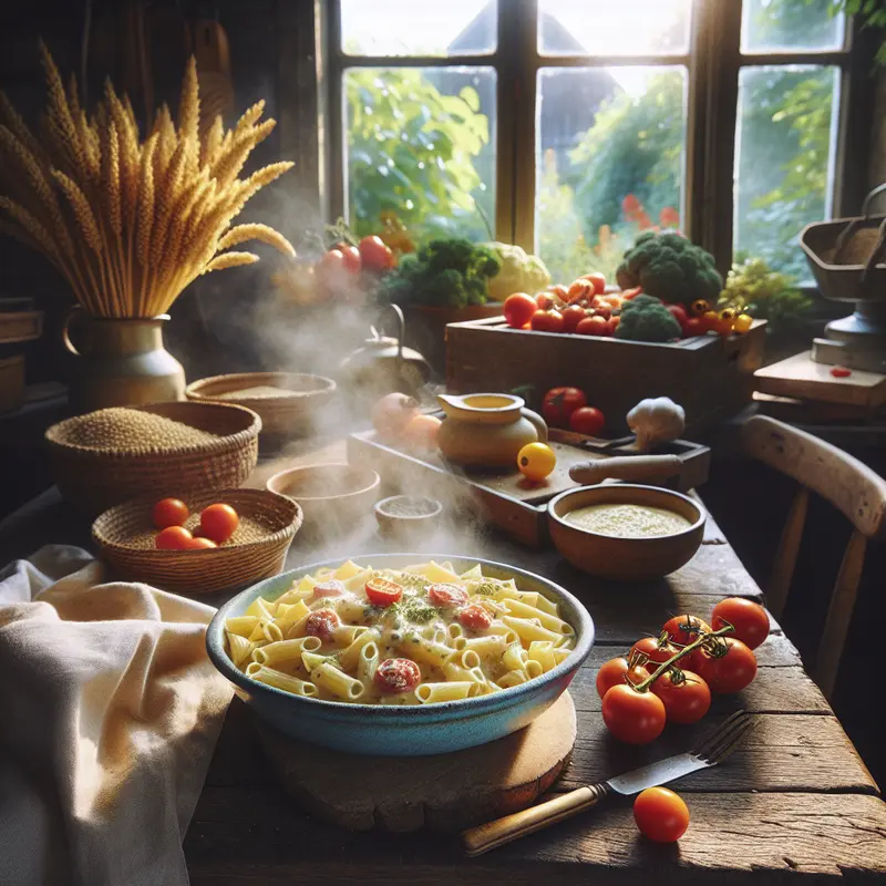 Historia kremowego makaronu z sosem z kaszy jaglanej – comfort food z nutą letnich pomidorów