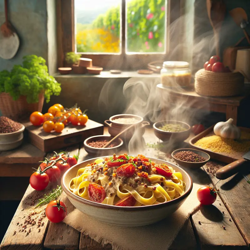 Historia kremowego tagliatelle z sosem z kaszy jaglanej i pieczonych pomidorów