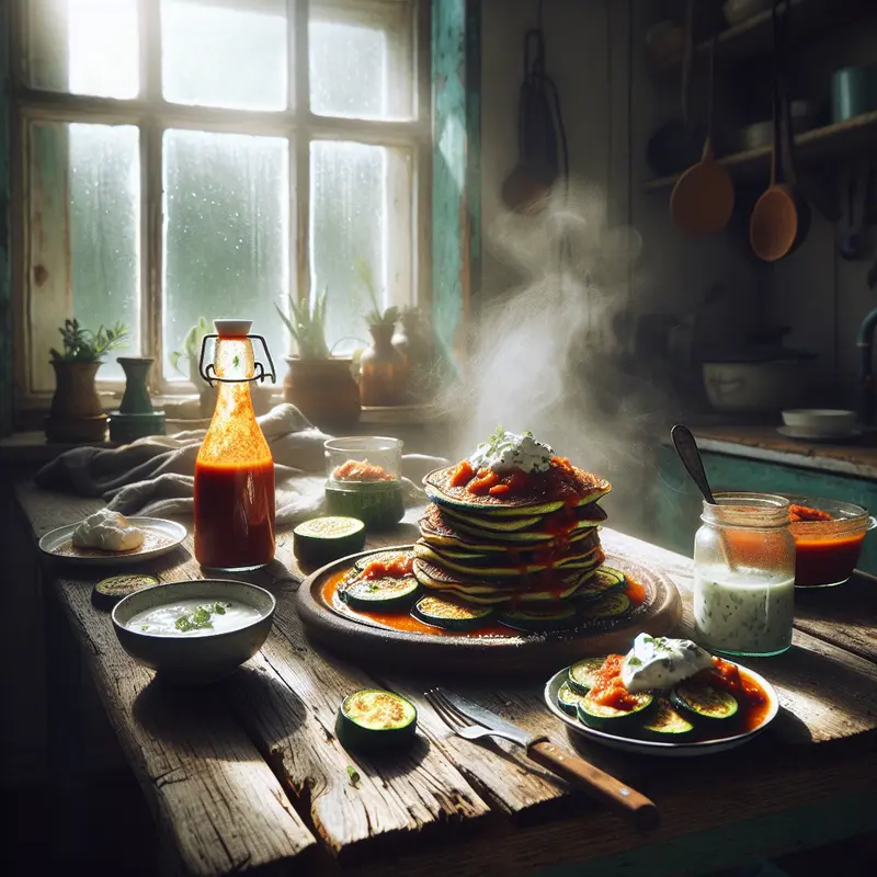 Historia leniwego bruncha: placki z cukinii z fetą, jogurtem ziołowym i pikantnym sosem pomidorowym