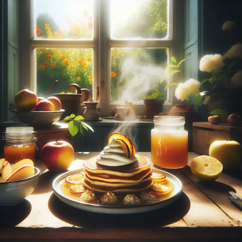 Historia leniwego poranka: puszyste pankejki jogurtowe z cytrynowym kremem i karmelizowanymi jabłkami