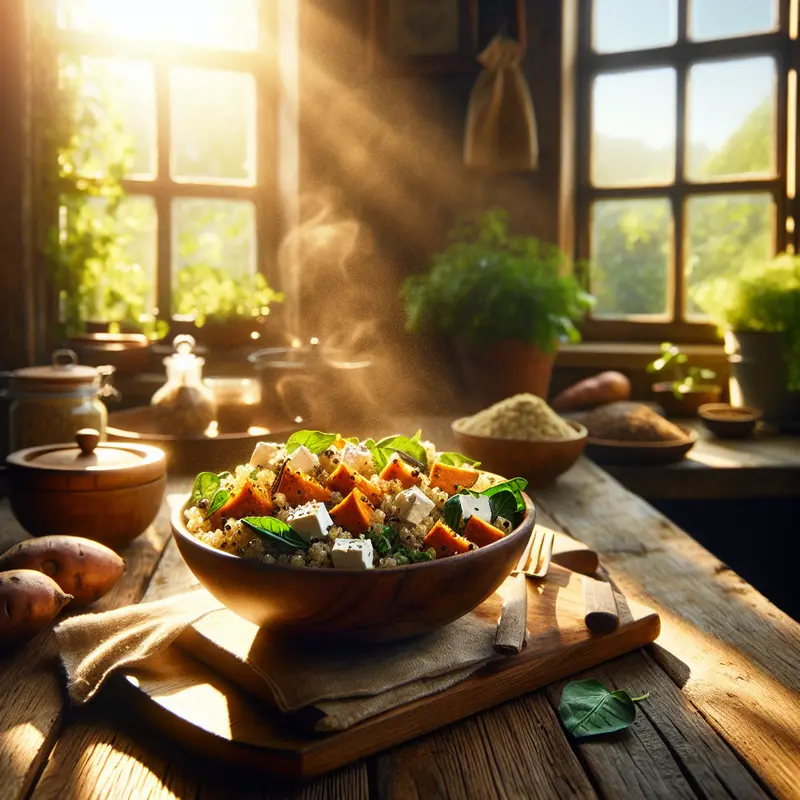 Historia letniej sytości: sałatka z komosą, pieczonym batatem i fetą