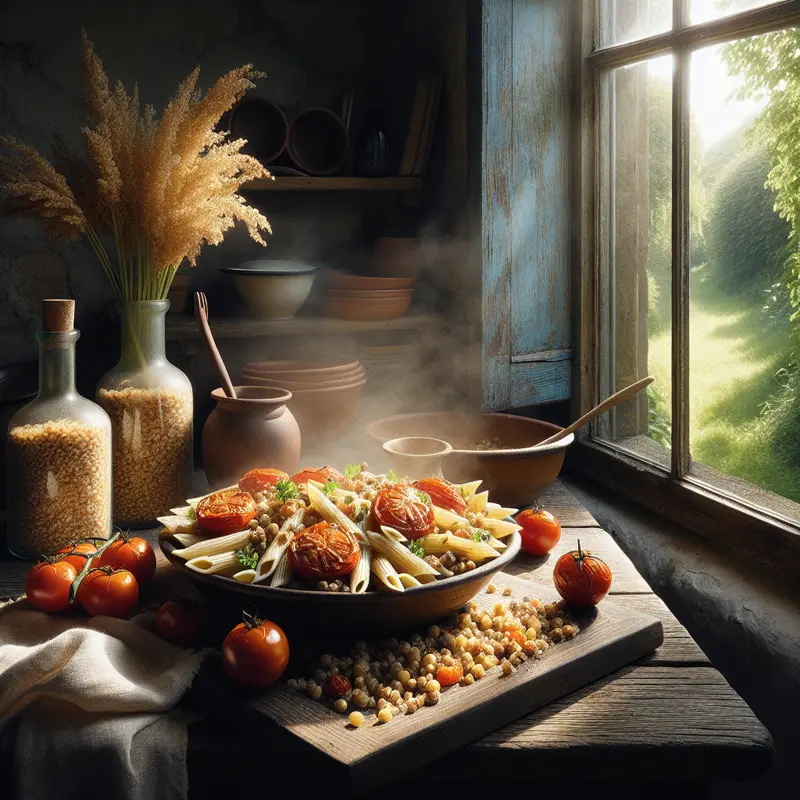 Historia makaronu i kaszy: kremowe penne z prażoną kaszą jaglaną i pieczonymi pomidorami