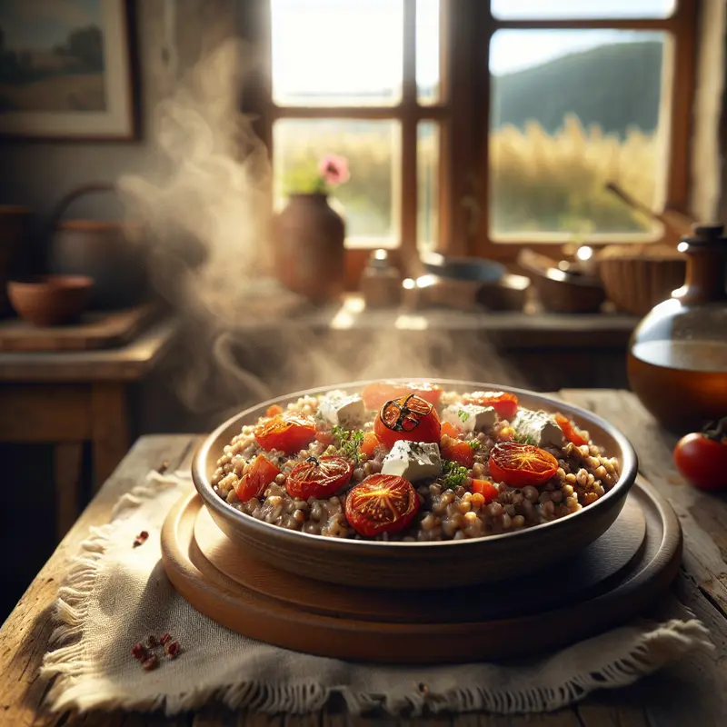 Historia pęczotta: mój kremowy kaszotto z pęczaku, pieczonych pomidorów i koziego sera