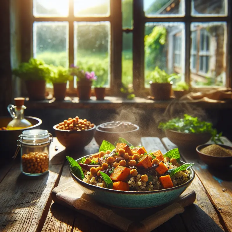 Historia sałatki, która karmi i orzeźwia – komosa, pieczony batat i ciecierzyca