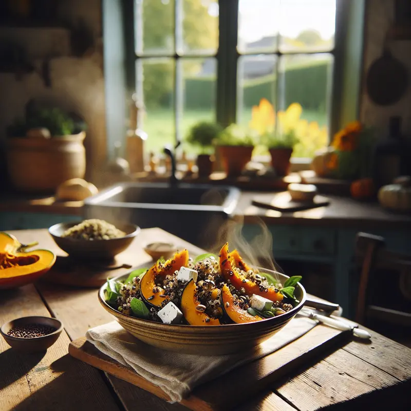 Historia sałatki, która nasyciła letni wieczór – quinoa z pieczoną dynią, kozim serem i prażonymi pestkami