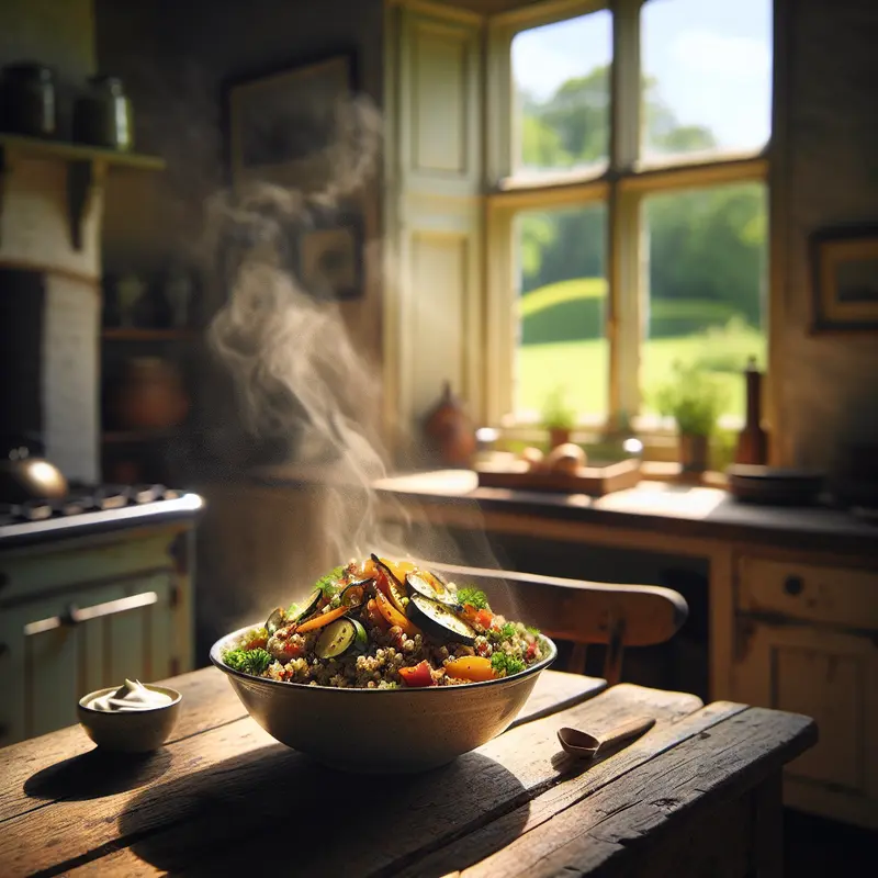 Historia sycącej, lekkiej sałatki z komosy, pieczonych warzyw i tahini