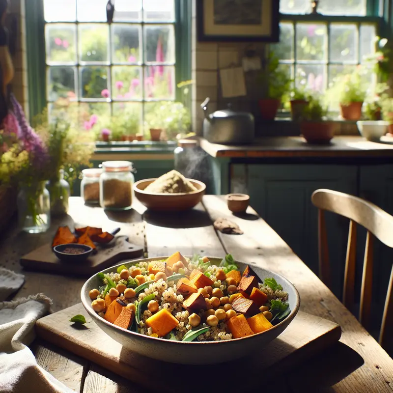 Historia sytej lekkości – sałatka z komosą, pieczonymi batatami i ciecierzycą