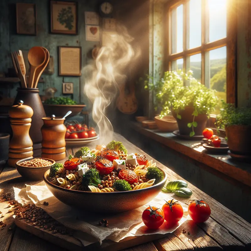 Historia weekendowego ratunku: makaron z kaszą gryczaną, pieczonymi pomidorami i fetą