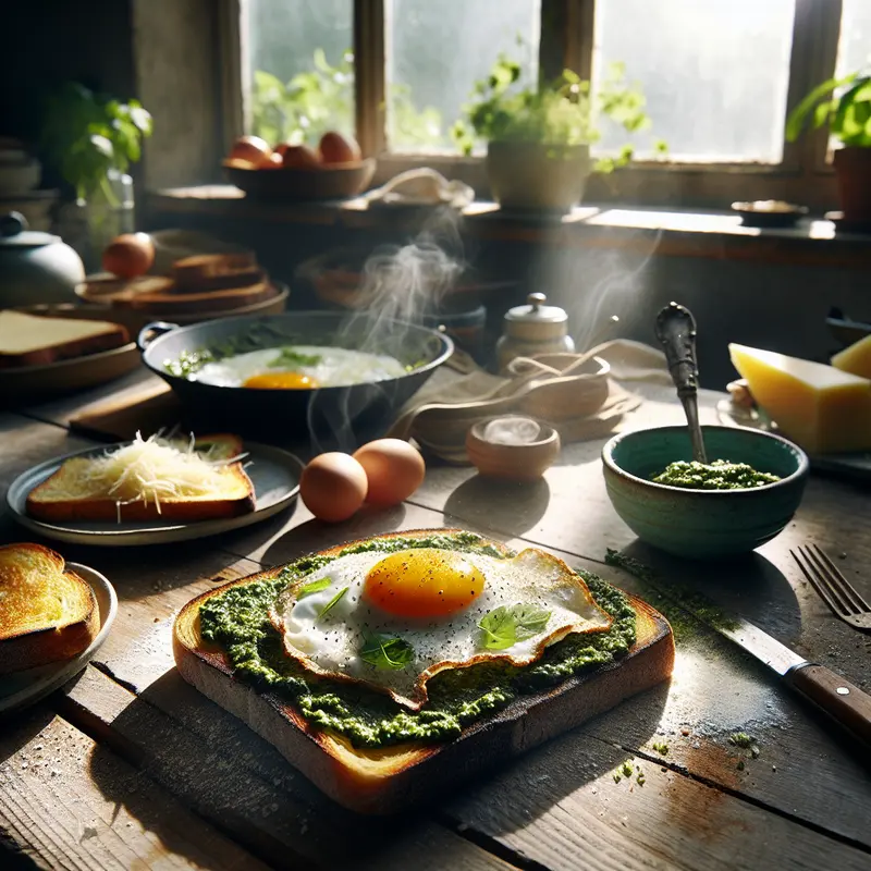 Historia chrupiącego brunchu: tosty z pesto, jajkiem sadzonym i parmezanem