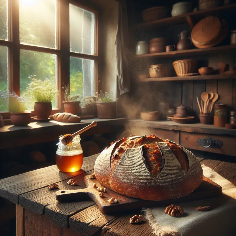 Historia ciepłego chleba na zakwasie – mój rustykalny bochenek z miodem i orzechami