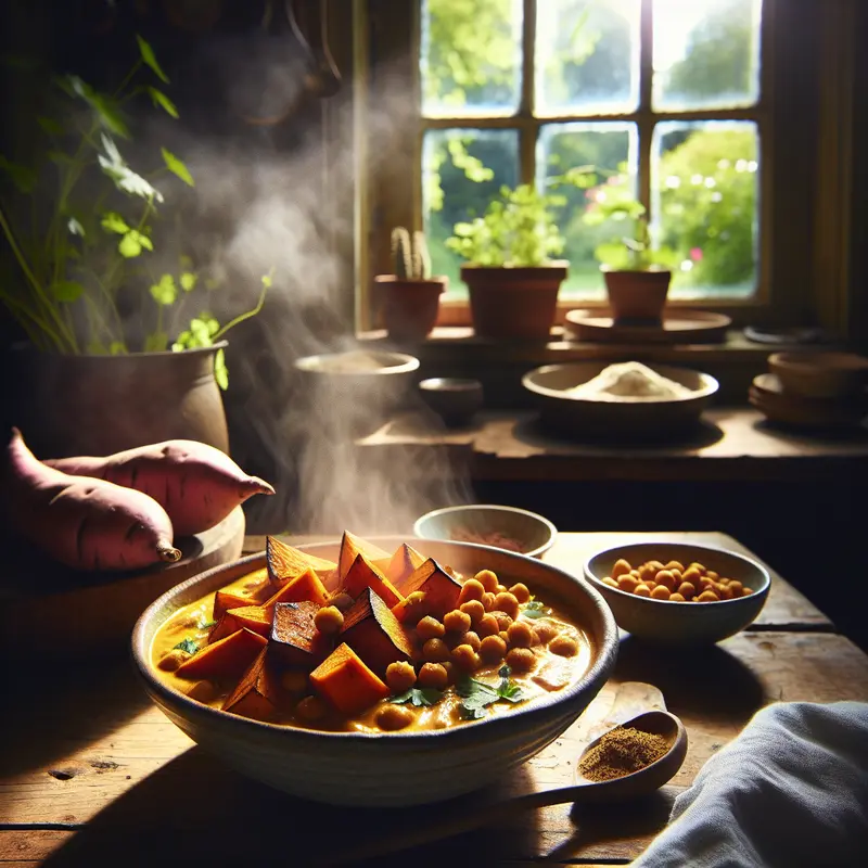Historia kremowego curry z pieczonymi batatami i ciecierzycą – mój wegański comfort food