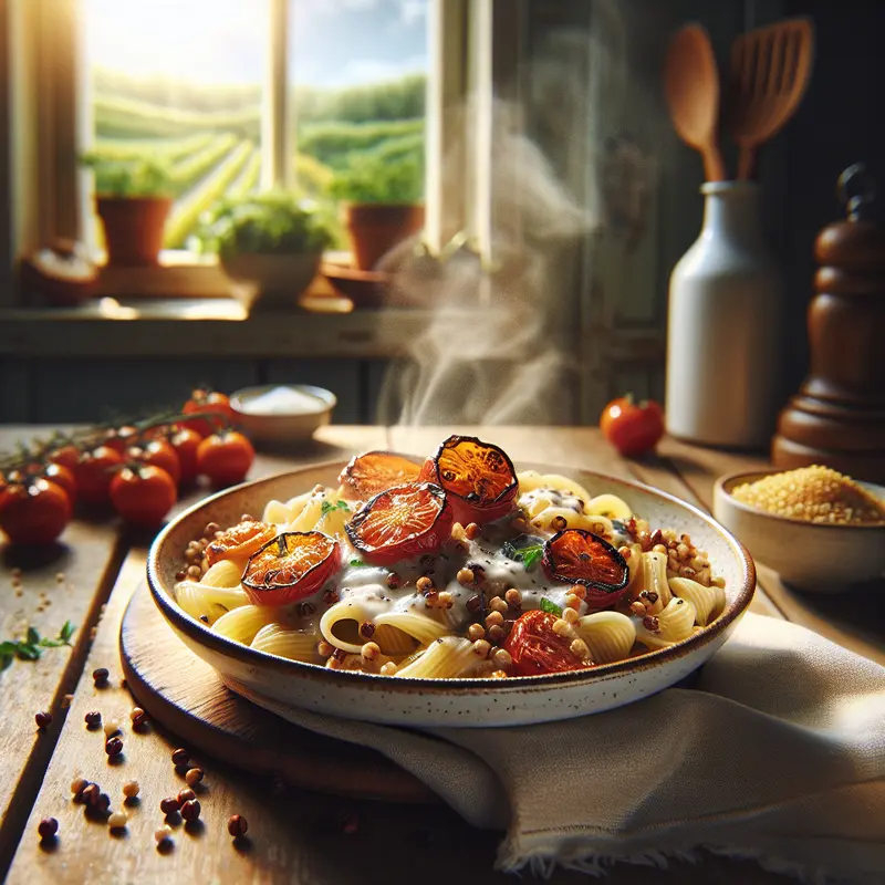 Historia kremowego makaronu z kaszą jaglaną i pieczonymi pomidorami – comfort z kategorii Makarony i Kasze