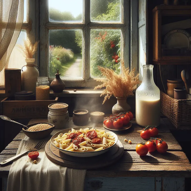 Historia kremowego makaronu z kaszą jaglaną i pieczonymi pomidorami – komfort na chłodne wieczory