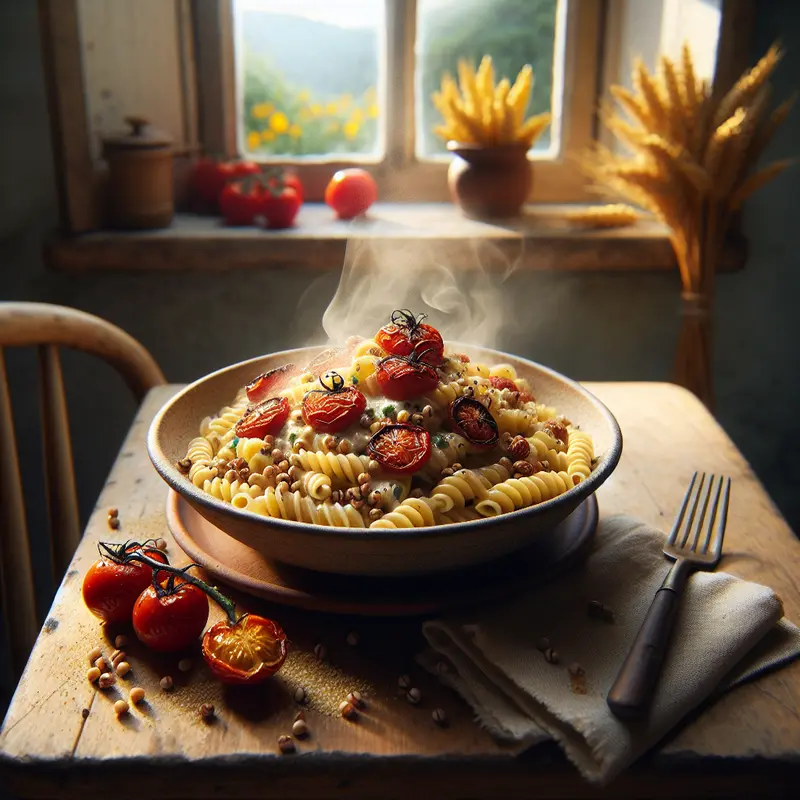 Historia kremowego makaronu z kaszą jaglaną i pieczonymi pomidorami – komfort w misce