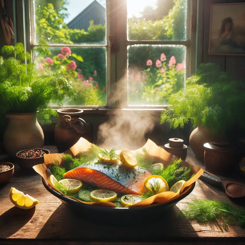 Historia letniego łososia – łosoś en papillote z cytryną, miodem i koperkiem