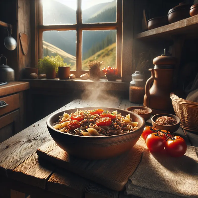 Historia makaronu z kaszą gryczaną i pieczonymi pomidorami – górski aromat w domu