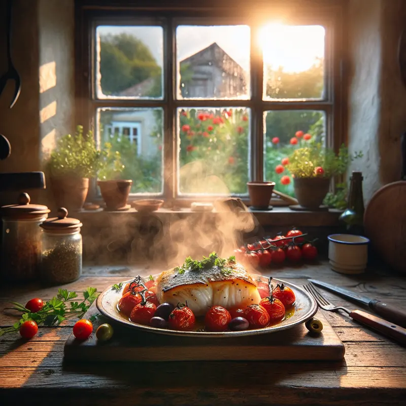 Historia morskiego obiadu: dorsz pieczony z pomidorkami i oliwkami