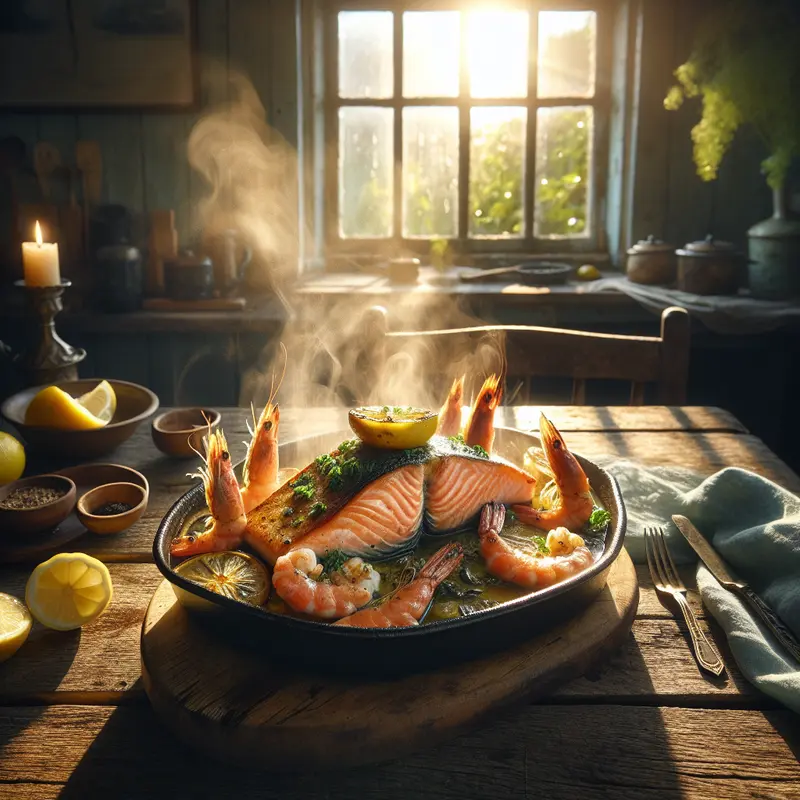 Historia morskiej symfonii: pieczony łosoś z krewetkami w cytrynowym maśle