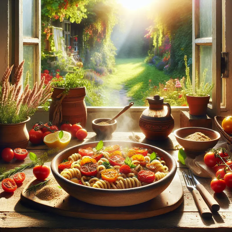 Historia połączenia: mój makaron z kaszą jaglaną, pieczonymi pomidorami i cytrynowym sosem