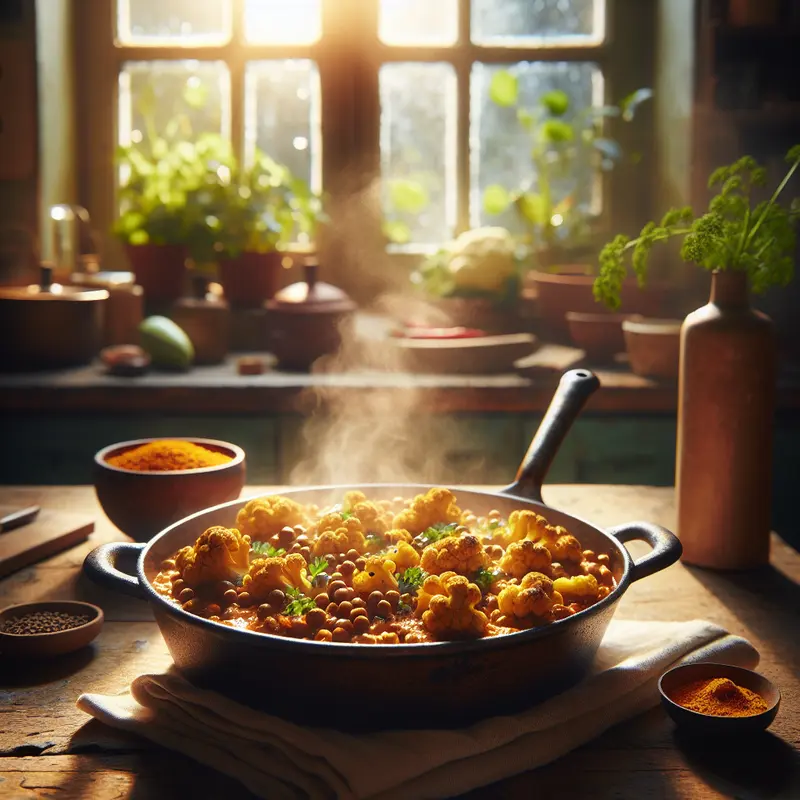 Historia rozgrzewającego curry: pieczony kalafior i soczewica – wegański comfort food