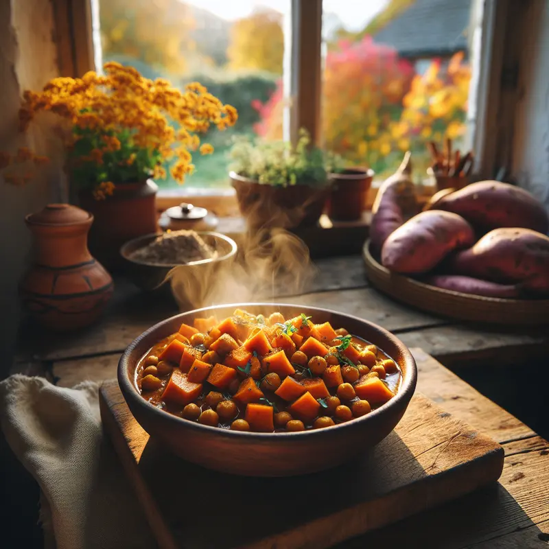 Historia rozgrzewającego wegańskiego curry z batatami i ciecierzycą