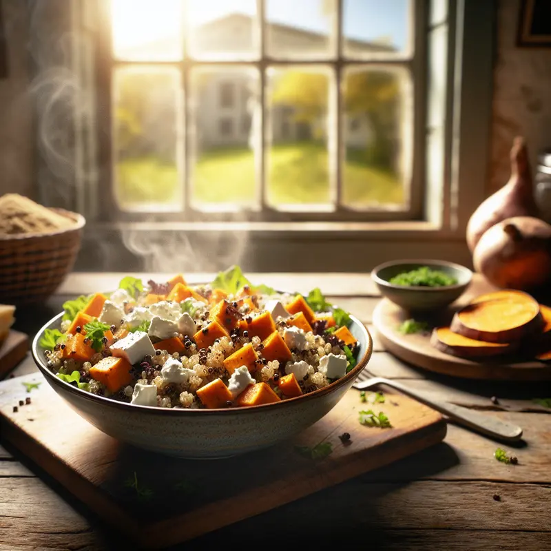 Historia sałatki sycącej, a jednocześnie lekkiej – quinoa z pieczonym batatem i fetą
